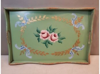 Vintage Tole Painted Green Wooden Serving Tray, Pink Roses In Gold Leaf Garland, 18' X 12' X 1.5'
