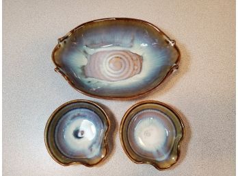 Set Of Glazed Studio Pottery Dishes, Blue Ocean Colors & Shapes, Signed, 8' X 5.5' X 1.75', 4' X 3.75' X 1'