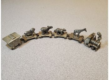 6 Piece Fort Pewter Miniature Train Car Set: Engine, Giraffe, Bear, Elephant, Lion, Caboose, 8.25'LOA