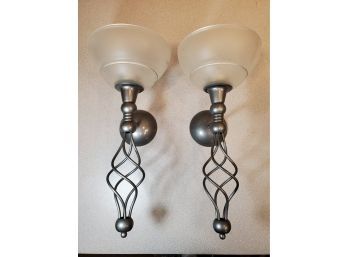 2 PartyLite Grand Paragon Tealight Candle Wall Sconces, Gunmetal Silver & Frosted Glass, 7.5' X 7.5' X 15.5'h