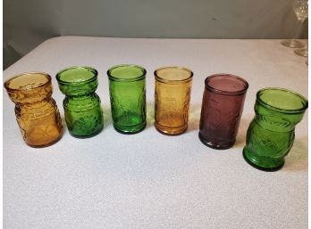 Set Of 6 Colorful Juice Glasses Drinkware, (3) Colonial Soldiers (2) Seasons (1) Lattice, Green Amber Amethyst