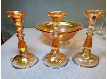 Antique Imperial Iridescent Marigold Carnival Glass Double Scroll Console Set With Oval Bowl & 3 Candlesticks