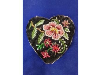 Antique Floral Beaded Black Velvet Patch In The Shape Of A Heart, 3.5'w X 3.25'h