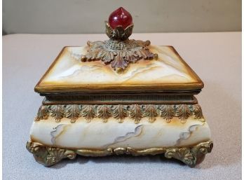 Rococo Box, Faux Marble Decorated With Acanthus Leaves & Red Jewel Like Topped Lid, Velvet Lined, Cast Resin