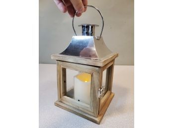 LED Candle Lantern With Hanging Handle, Wood & Chrome, 5.5' Square X 9'h Plus 1.75' Hanger, Working