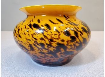 Art Glass Bowl Vase, Mottled Brown On Orange, Yellow Interior, 6'd X 4'h