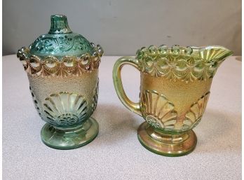 Antique Westmoreland Iridescent Green Carnival Glass Shell & Jewel Creamer & Sugar Set With Rare Lid
