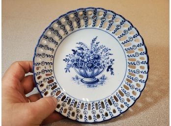 Pierced Porcelain Blue Transferware Dish, Floral Bouquet, 7'd