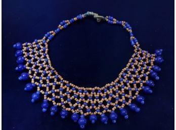 Antique Bright Blue & Tan Bead Work Necklace, 14' Long X 1.75' Wide Main Part