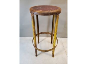 Vintage Industrial Age Metal Shop Stool W/ Fantastic Distressed Yellow Painted Patina & Brick Red Fabric Seat