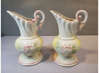 Pair Of Art Pottery Pitchers, Pink Roses With Pink & Yellow, Made By Hull, Marked USA 30/A