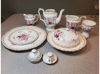 Lot Of Crown Staffordshire ENGLAND'S BOUQUET Fine Bone China, Covered Butter Dish, Pitchers, Plates, Egg Cup