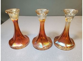 3 Vintage Iridescent Marigold Carnival Glass Candle Sticks, 6.5'h