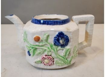 Vintage Teapot Planter, Painted Flowers In Relief Against Stone Pattered Pottery, 8.25'l X 4.75' X 4.75'h