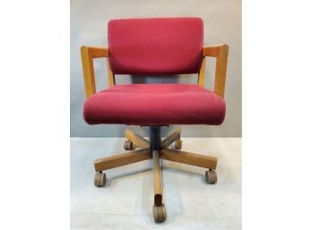 Vintage 1987 Kimball Swivel Rolling Office Arm Chair, Red & Oak, 22.25'w X 21.75'd X 31.5'h, 18.5' Seat Height