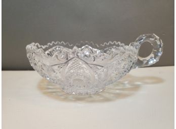 Hobstar Clear Glass Nappy Candy Dish, Saw Tooth Edge & Single Handle, 6.75' X 5.5' X 3'