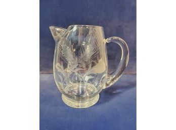Medium Size Cream Or Syrup Pitcher, Clear Glass With Etched Wheat Pattern & Modern Handle, 6'h X 6' X 4'