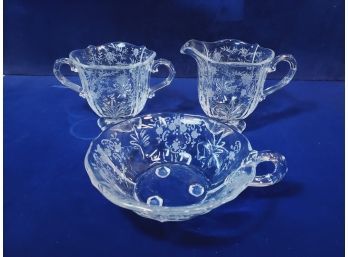 Antique Set Of Clear Glass Creamer Open Sugar & 5.25' Nappy Dish, Etched Floral Patterns