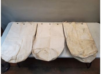 Lot Of 3 White Canvas Navy Type Sea Bag Duffle Bags, Unmarked, 37' Cir (11.8'D) X 29.5'H