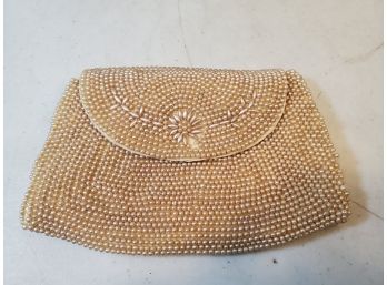 Vintage Beaded Clutch Purse, Pearls On Tan, Japan, 7'w X 4.75'h