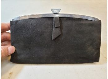 Vintage Clutch Purse, Black Suede Like Material With Gunmetal Colored Metalwork, 8' X 5'