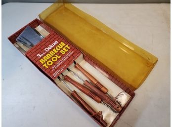 Vintage 3 Piece Deluxe Barbecue Tool Set In Box, Chrome & Stained Hardwood Handles With Leather Loops