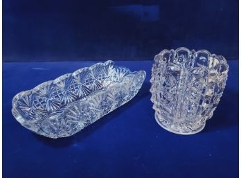 2 Cut Crystal Clear Glass Items: 8'l Celery Or Condiment Dish & 3.75'h Small Vase Or Candle Holder