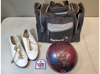 Ebonite Magnum Bowling Ball 10 Lbs, Blue & Red Sparkle, With Ebonite Bag, Dexter Shoes, Patch