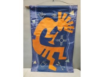 Hanging Kokopelli Nylon Banner, Dancing Horn Blowing Figure, Orange On Blue & Purple, 28' X 42'