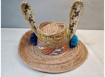 Vintage NASSAU (Bahamas) Woven Hat With Ears & Decorations, 23' Inside Circumference Size 7-3/8 Large