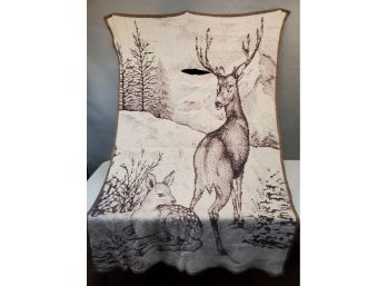 Stag & Fawn Blanket, Brown Tones, Positive & Negative Sides, 46' X 72', Made In Spain, Needs A Repair
