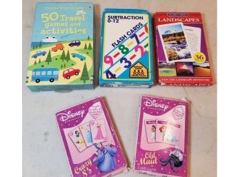 Lot Of 5 Games & Flash Cards, Disney Old Maid & Crazy 8's, Travel Activities Cards, Substraction, Landscapes