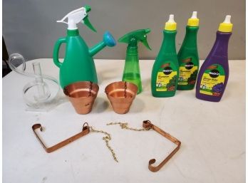 Lot Of Indoor House Plants Planters Sprayers & Supplies, Miracle Gro Food, Copper Wall Hangers, Etc.