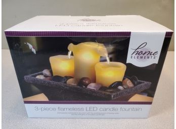 Home Elements 3-Piece Flameless LED Candle Fountain, New In Box, Combines Moving Water With Glowing Light