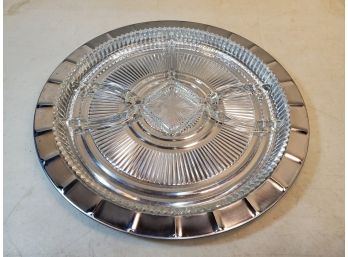 Divided Serving Tray, Ribbed Clear Crystal With Chrome Under Plate, 15' Diameter