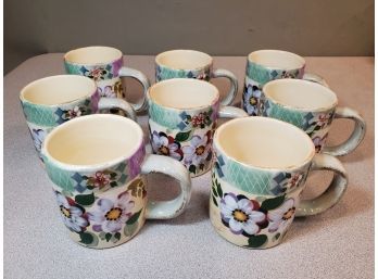 Set Of 8 Gibson Elite Hand Painted Coffee Mugs, Flowers With Raised Black Decoration