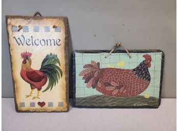 2 Folk Art Prints On Slate, Welcome Rooster (7x12) & Warren Kimble Chicken (12x8)