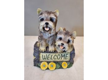Welcome - Go Away Dogs Resin Statue, Yorkshire Terriers, 9.5'h X 7.5'w X 7'd