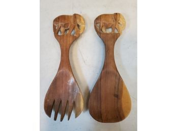 Carved Wood Salad Serving Fork & Spoon Set, 7.5'L