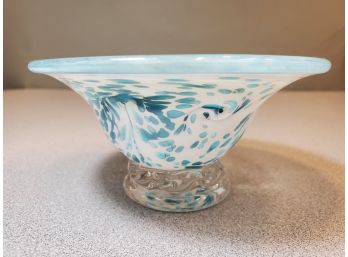 Small Art Glass Candy Dish, Blue Swirl On White & Clear, Wave Base, 5.25'd X 2.5'h