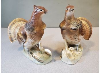 Pair Of Lefton Ruffled Grouse No. 580 Ceramic Bird Figurine Planters, 7' X 4.5' X 7'h Each