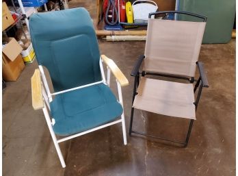 Pair Of Folding Lawn Arm Chairs, Metal Frame, Green & White With Wood Arms, Tan & Black