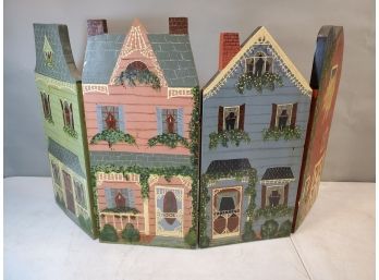 Doll House Size 4-House Panel Hinged Folding Screen, Hand Painted, 19.25'h X 36'w