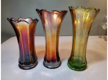 Lot Of 3 Antique Iridescent Carnival Glass Swung Vases, 7.5' & 8.75' Amethyst, 9' Green Transitioning To Amber