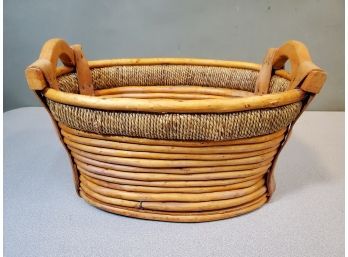 Primitive Basket, Layered Stick & Limb With Wound Rope & Carved Handles With Splint Straps, 14' X 9' X 8.5'H