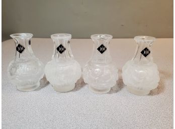 4 Vintage Desna Bohemia Czech Republic Crystal Bud Vases, Frosted Butterfly Base, 3.75'h, Etched Signed, Label