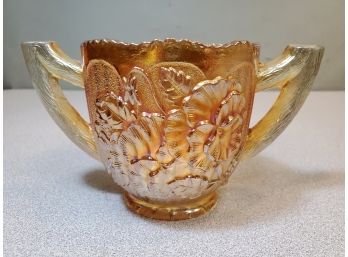 Antique Imperial Iridescent Marigold Pansy Carnival Glass Sugar Bowl, 2 Twig Branch Handles