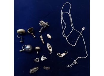 Lot Of Sterling Silver Jewelry Making Parts & 925 Junk Jewelry, 17.2g Total Including Non-Silver Parts