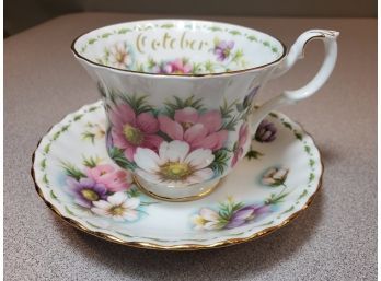 Royal Albert English Bone China Cup & Saucer, October, Flower Of The Month Series, Cosmos Pattern