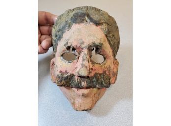 Antique Carved Wood Carnival Mask, Painted, Male Character With Mustache, Possibly Italian, 6'w X 7'h X 4'd